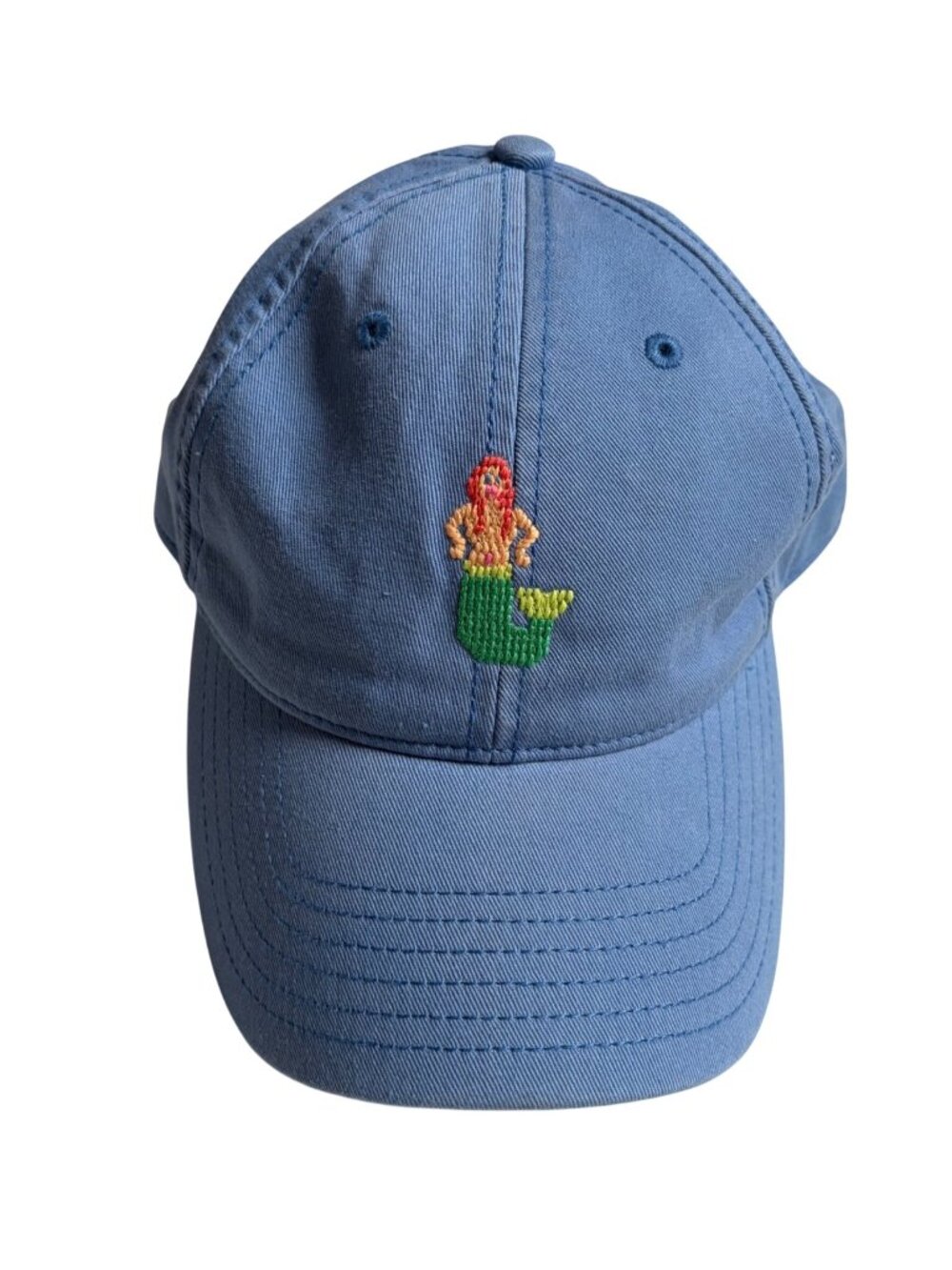 Harding Lane Needlepoint Mermaid Hat Blue Adjustable Strap Coastal Beach Preppy